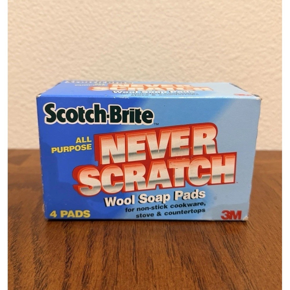 Scotch-Brite Never Scratch Wool Soap Pads By 3M 1996, 4 Pads, One Box, Vintage